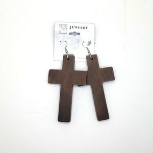 𝅺brown wood cross crucifix earrings